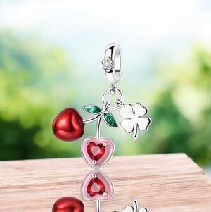 New ❤️ Pandora-like S925 Cherry Fruit Dangle Charm With Four-Leaf Clover &  CZ
